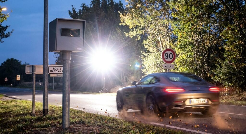 Un radar automatique de type flash en bordure de route nationale captant une infraction.