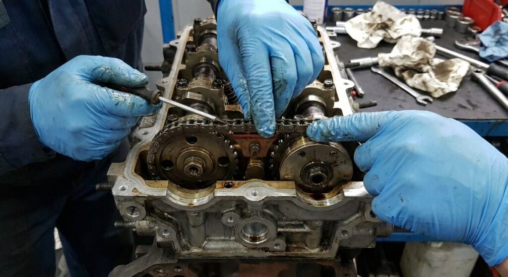 Mécanicien alignant soigneusement les maillons sombres de la chaîne avec les repères des pignons d'arbres à cames