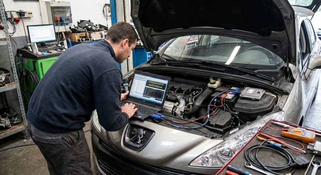 Désactiver l'anti-démarrage sur une Peugeot : Méthodes et risques 3 Électronicien automobile reprogrammant le calculateur moteur d'une Peugeot pour désactiver le système de sécurité