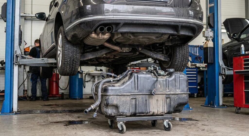 Réservoir d'AdBlue démonté sous le châssis d'une voiture sur un pont élévateur