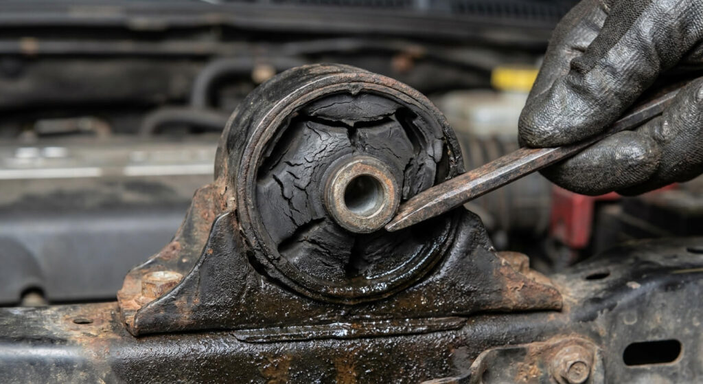 Zoom sur un support moteur en caoutchouc (silentbloc) usé et craquelé, cause fréquente de claquement au lâcher d'accélérateur.