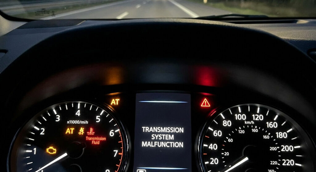 Témoins d'alerte sur le tableau de bord d'un Nissan Qashqai liés à une défaillance de la boîte automatique Xtronic