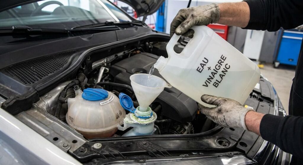 Gicleur de lave-glace bouché : Comment le déboucher facilement ? 3 Remplissage du réservoir de liquide lave-glace avec un mélange d'eau et de vinaigre blanc pour dissoudre le calcaire