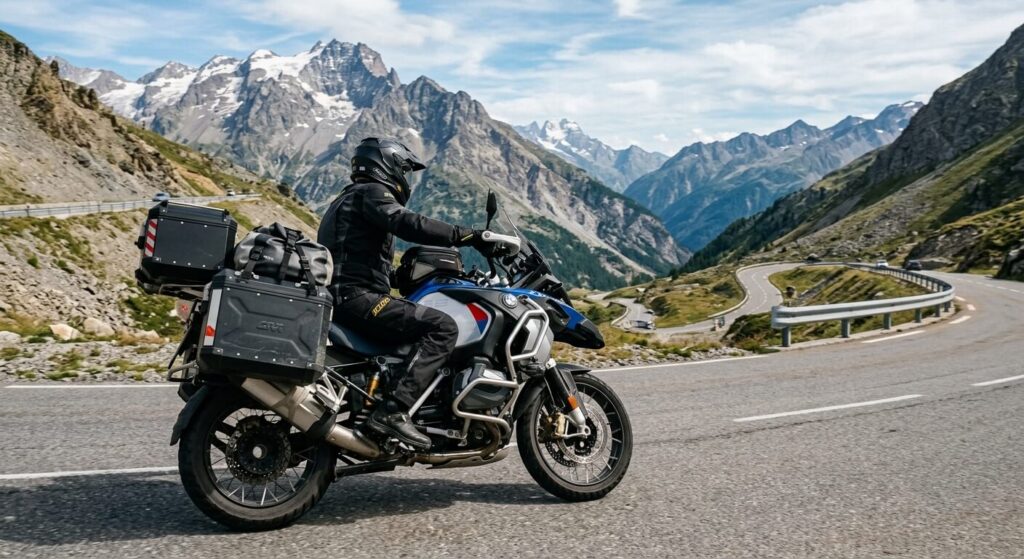 Valise moto rigide latérale sur une moto de voyage, route de montagne