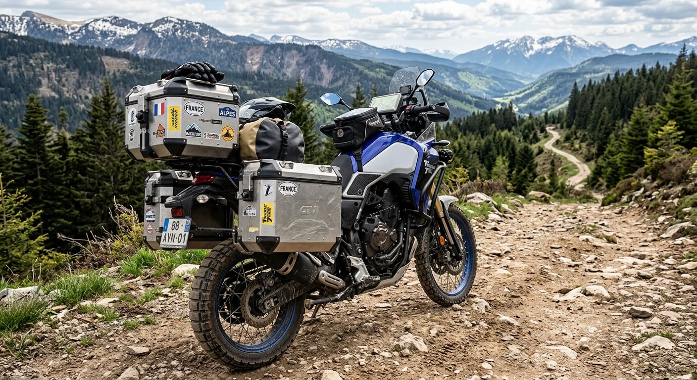 Une moto de type trail équipée de valises rigides en aluminium, prête pour un voyage tout-terrain.
