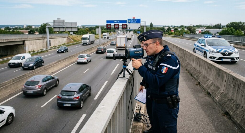 Gendarmes effectuant un contrôle de vitesse au radar jumelle depuis un pont