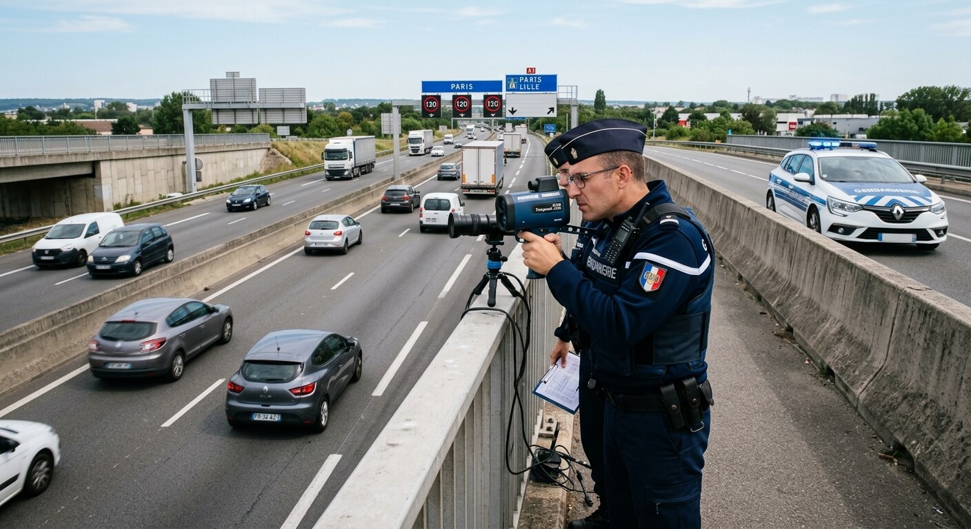 Gendarmes effectuant un contrôle de vitesse au radar jumelle depuis un pont