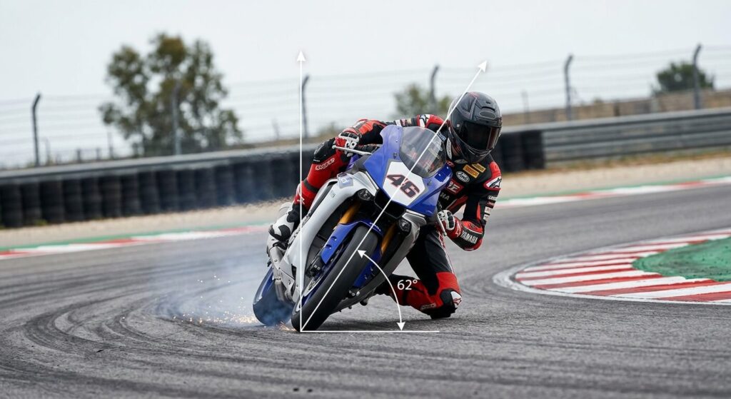Motard sur circuit en pleine inclinaison montrant l'angle entre l'axe de la moto et la verticale