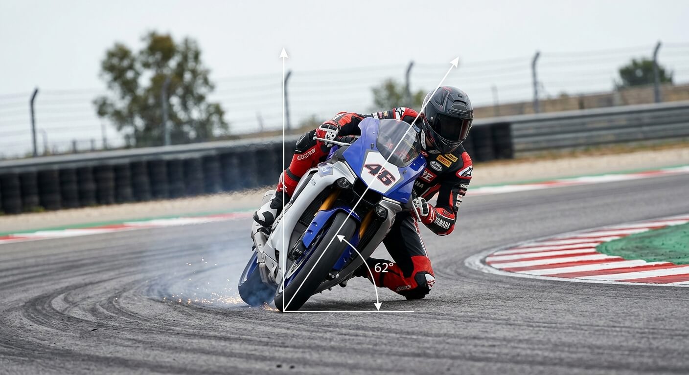 Motard sur circuit en pleine inclinaison montrant l'angle entre l'axe de la moto et la verticale
