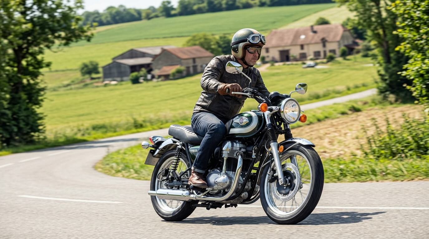 Gros plan sur la distribution par couple conique du moteur bicylindre de la Kawasaki W800
