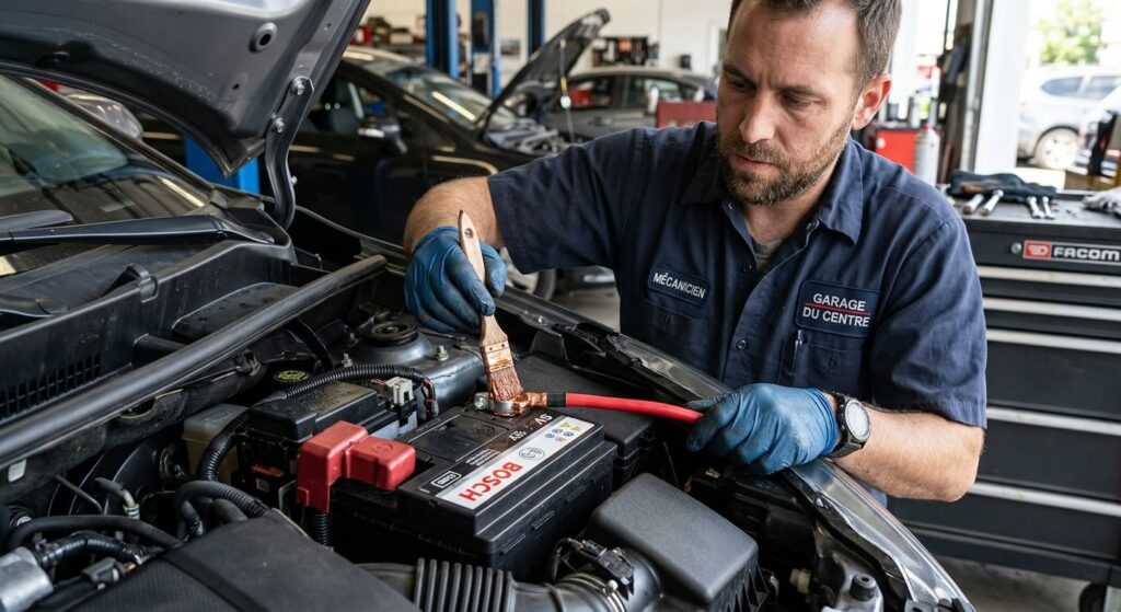 Mécanicien appliquant de la graisse cuivrée sur le dessus d'une cosse de batterie de voiture propre