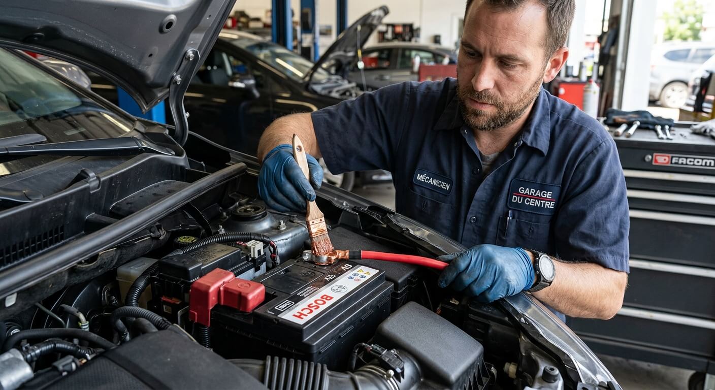 Mécanicien appliquant de la graisse cuivrée sur le dessus d'une cosse de batterie de voiture propre