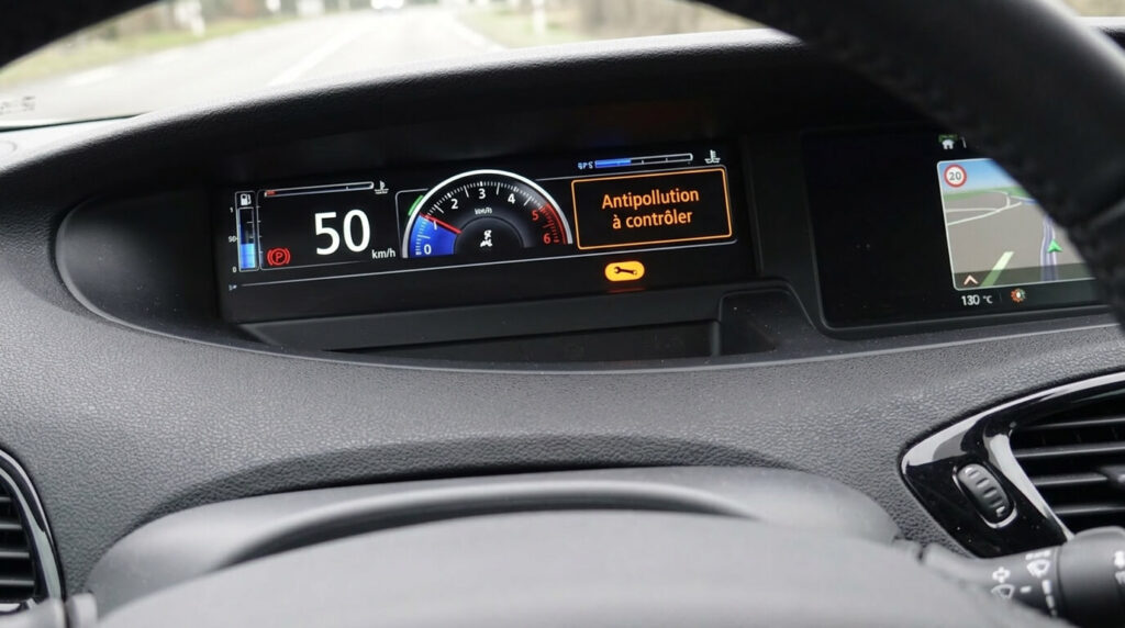 Tableau de bord de Renault Scenic 3 affichant le message Antipollution à contrôler avec la clé orange