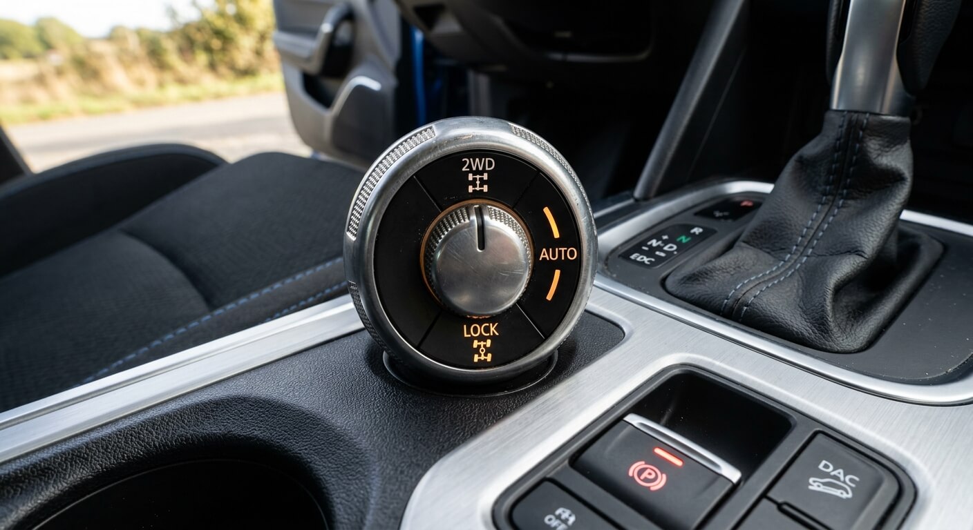 Sélecteur rotatif des modes de transmission 2WD, Auto et Lock sur une console centrale.