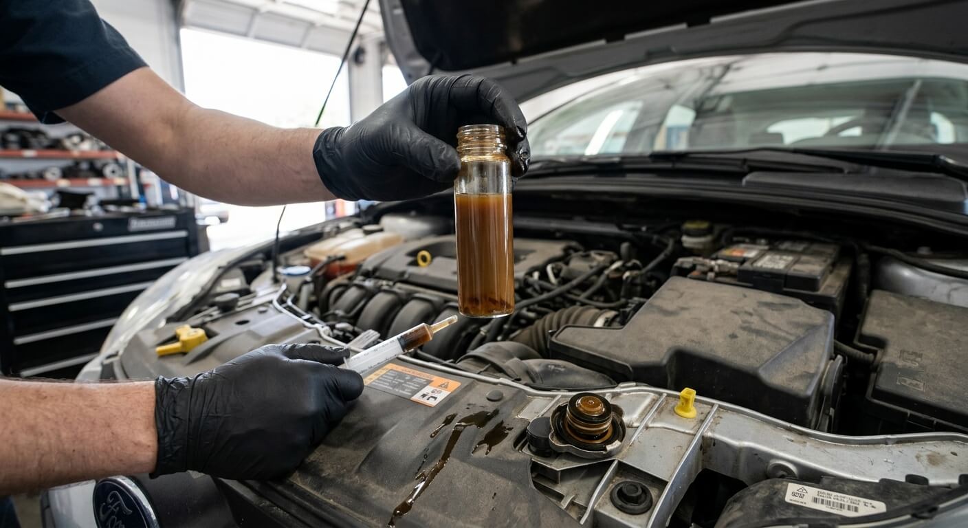 Liquide de refroidissement devenu brun indiquant une perte de ses propriétés techniques.