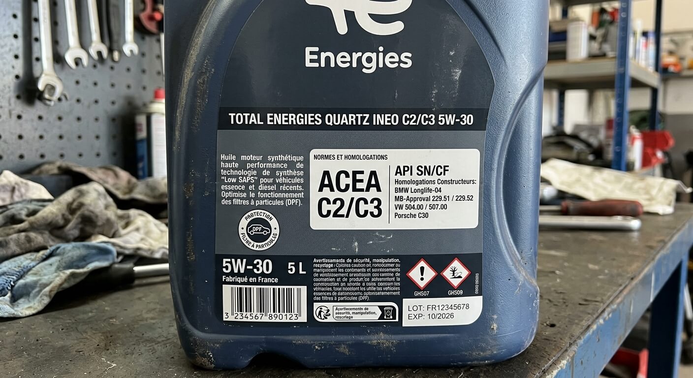 Étiquette arrière d'un bidon d'huile précisant les normes ACEA C2 et C3.