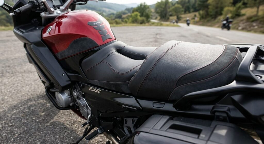 Selle de moto sur mesure avec canal de décharge central pour libérer le nerf pudendal.