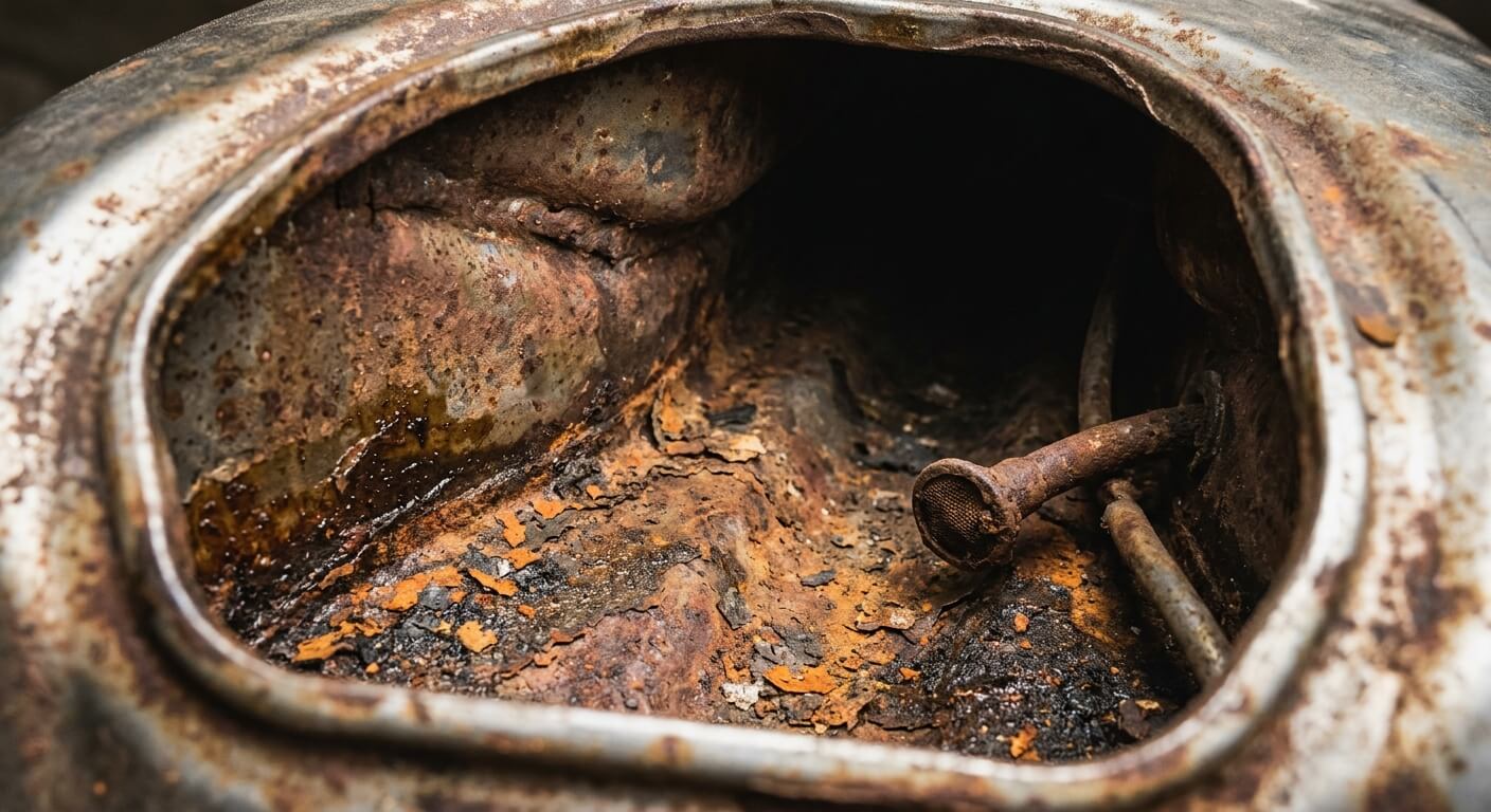 Parois internes d'un réservoir de moto présentant des traces d'oxydation et de vieux dépôts de carburant.