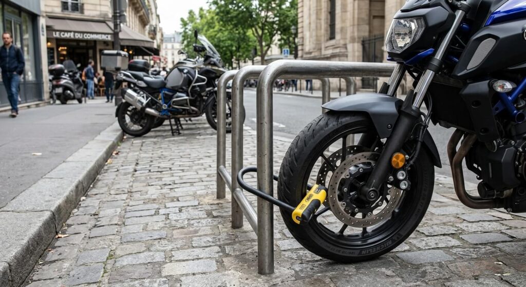 Pourquoi la facture d'achat de votre antivol SRA est-elle indispensable ? 2 Un antivol en U certifié SRA arrimé à la roue avant d'une moto.