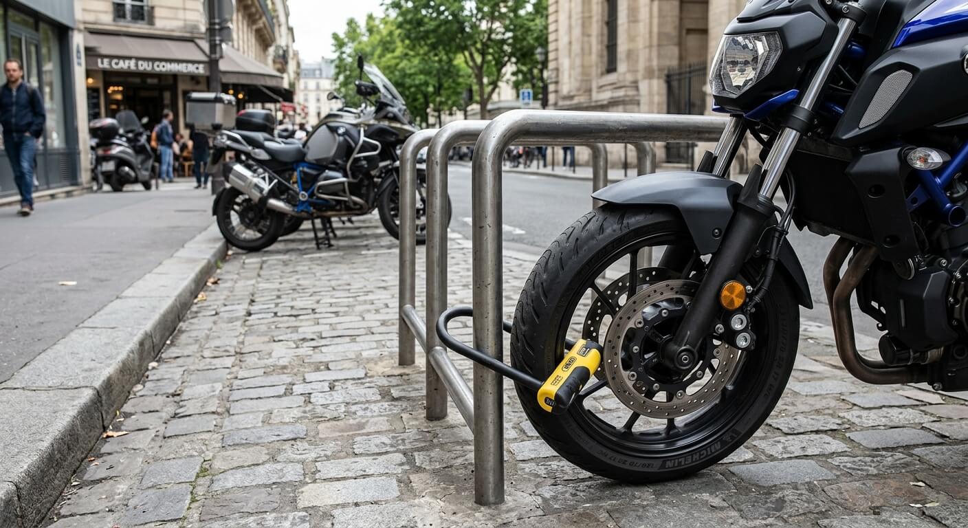 Un antivol en U certifié SRA arrimé à la roue avant d'une moto.