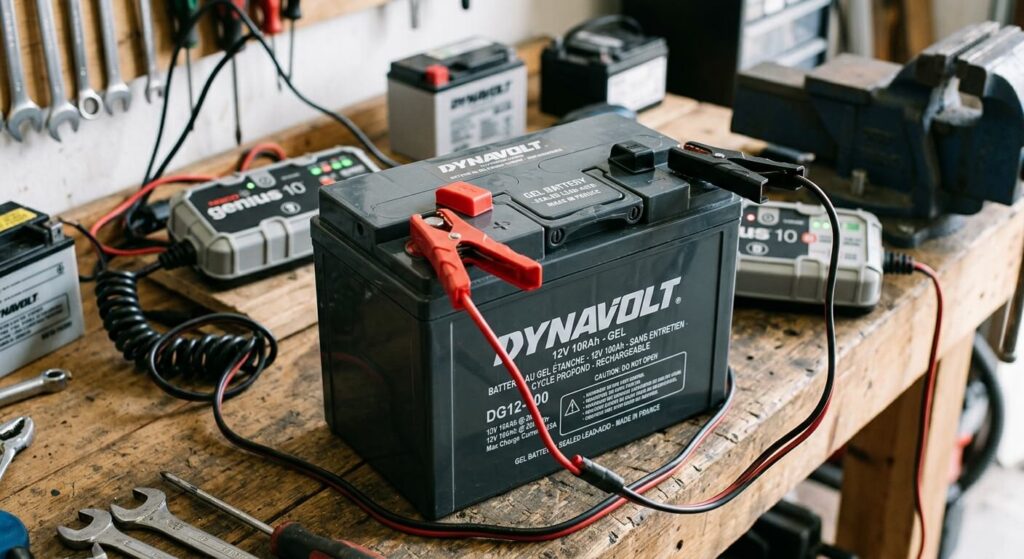 Batterie étanche au gel avec ses bornes prêtes pour la recharge.
