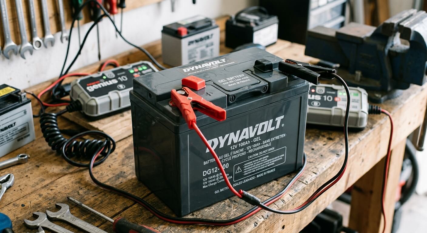 Batterie étanche au gel avec ses bornes prêtes pour la recharge.