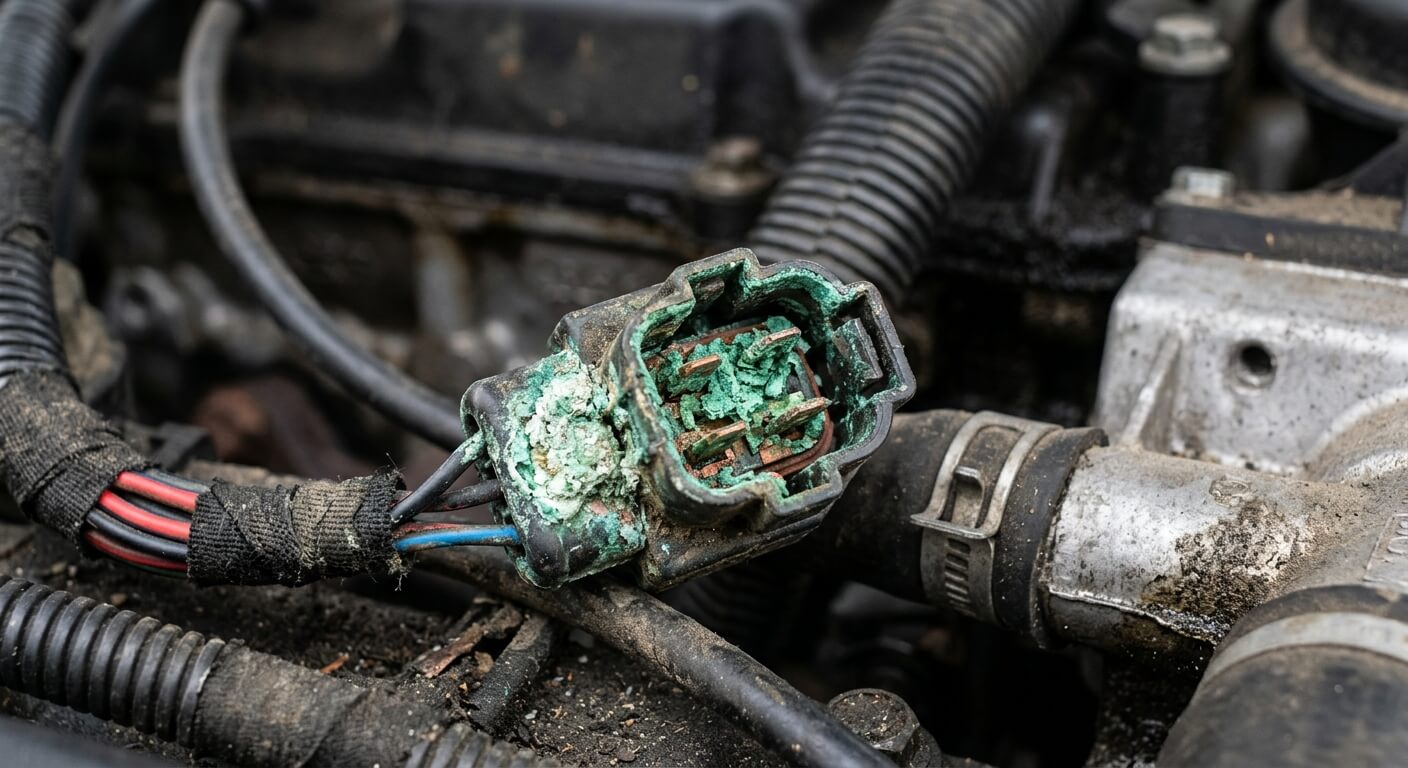 Gros plan sur une fiche électrique automobile attaquée par une oxydation verdâtre.