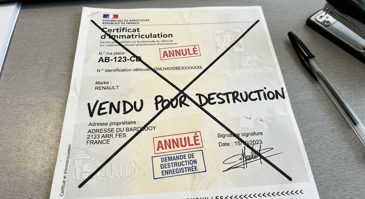 Certificat d'immatriculation barré avec la mention "Vendu pour destruction".