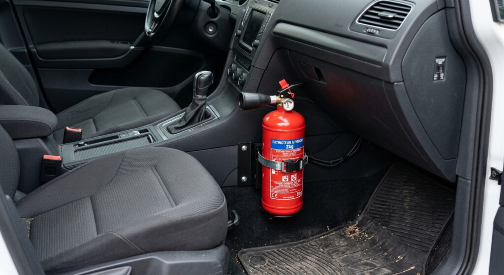 Petit extincteur à poudre de 1kg ou 2kg fixé dans l'habitacle d'une voiture.