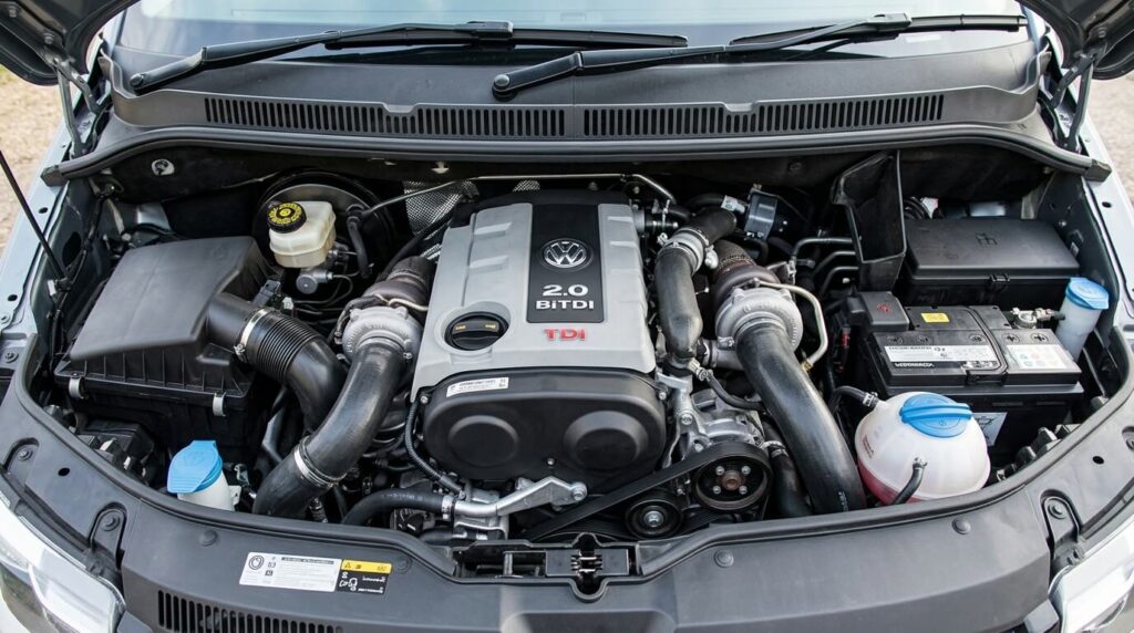 Compartiment moteur d'un Volkswagen Transporter T5 équipé du bloc diesel 2.0 BiTDI 180.