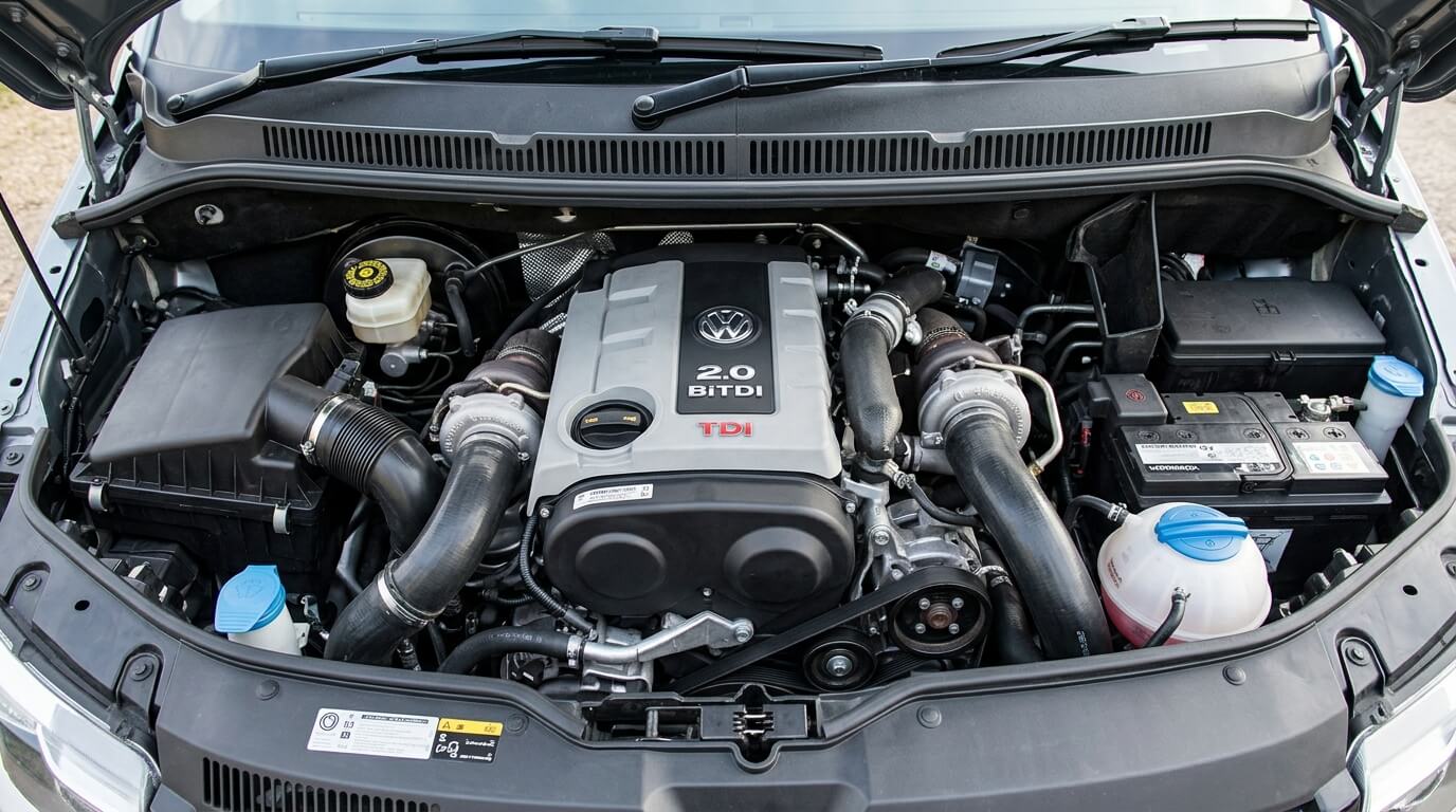 Compartiment moteur d'un Volkswagen Transporter T5 équipé du bloc diesel 2.0 BiTDI 180.