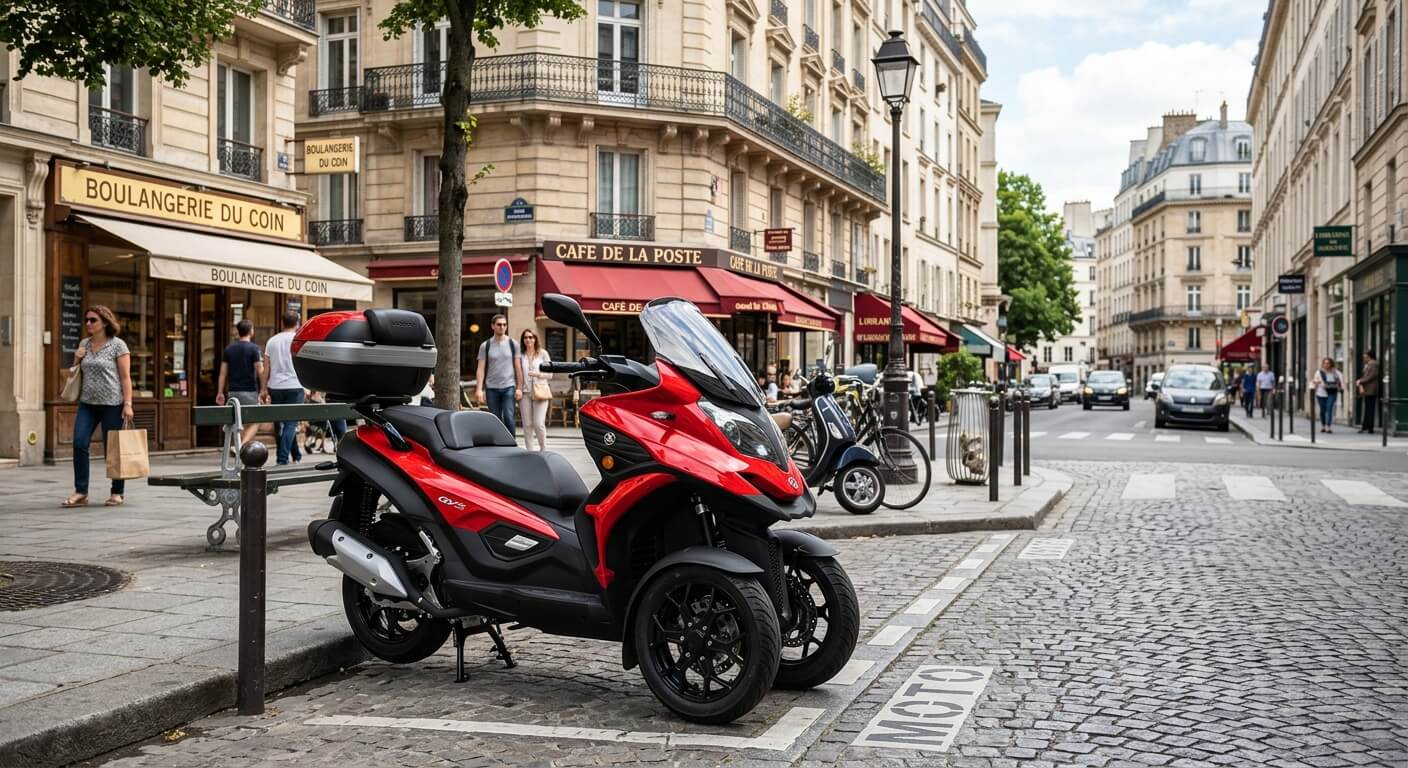 Scooter à trois roues Quadro QV3 en stationnement dans une rue urbaine.