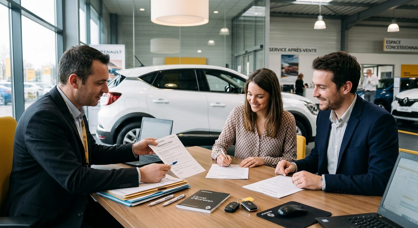 Signature des documents d'achat d'une voiture neuve chez un concessionnaire automobile.