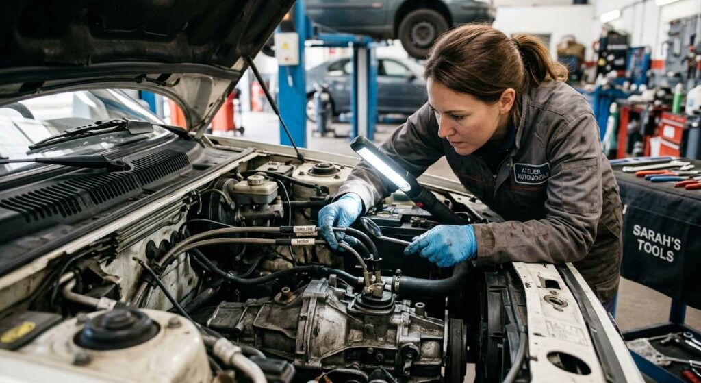 Inspection des câbles de tringlerie de boîte de vitesses sous le capot d'une voiture.