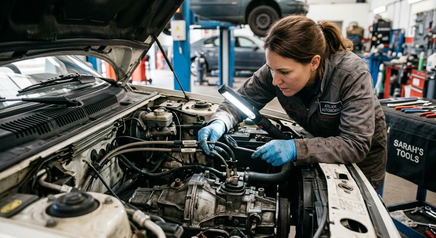 Inspection des câbles de tringlerie de boîte de vitesses sous le capot d'une voiture.