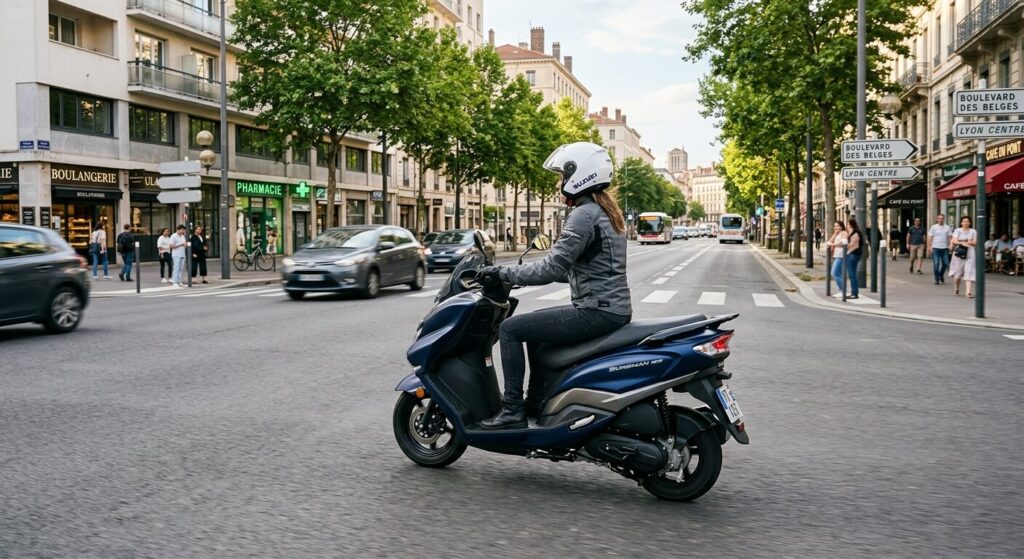 Un scooter Suzuki Burgman 125 circulant de manière fluide sur un boulevard urbain.
