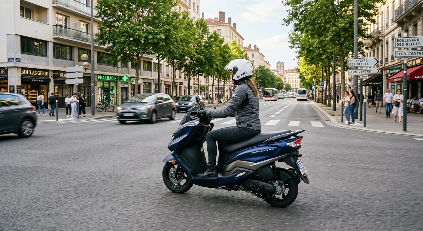Un scooter Suzuki Burgman 125 circulant de manière fluide sur un boulevard urbain.