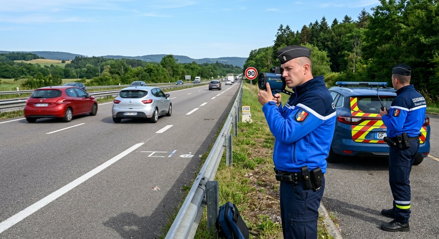 Forces de l'ordre effectuant un contrôle de vitesse au moyen d'un cinémomètre laser sur le bord d'une route nationale.