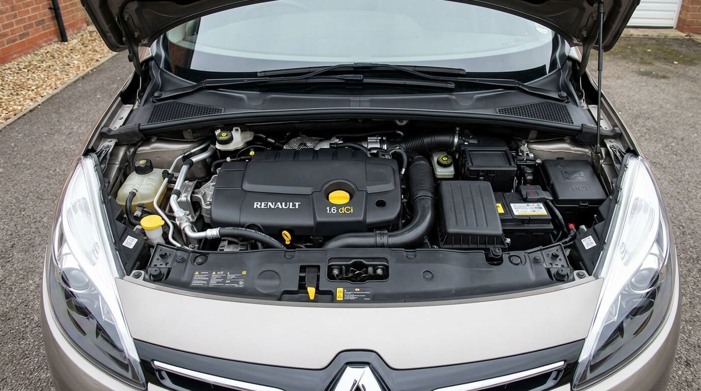 Vue d'ensemble du moteur Renault 1.6 dCi 130 sous le capot d'un Scénic.