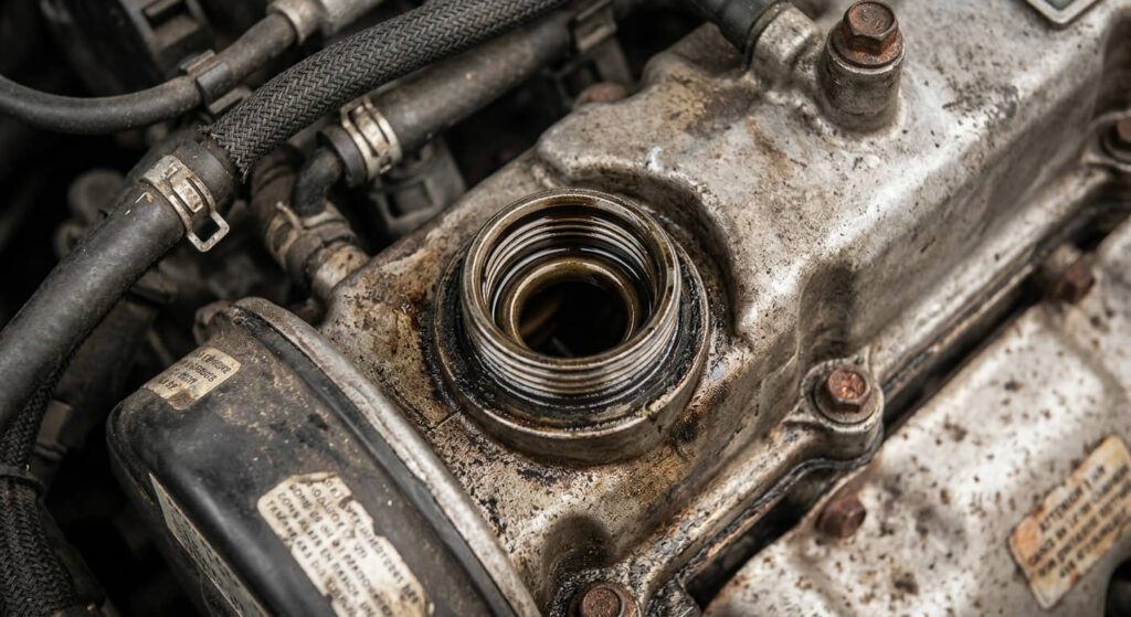 Les causes d'un bouchon d'huile moteur qui saute en roulant 2 Gros plan sur le goulot de remplissage d'huile d'un moteur thermique sans son bouchon.