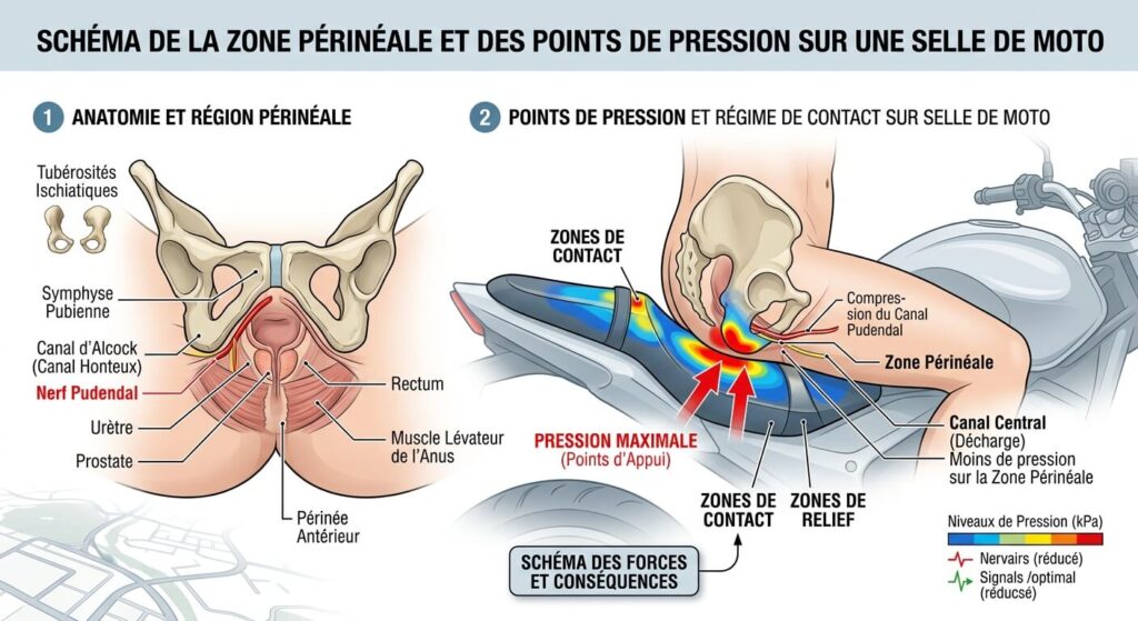 Schéma de la zone périnéale et des points de pression sur une selle de moto.