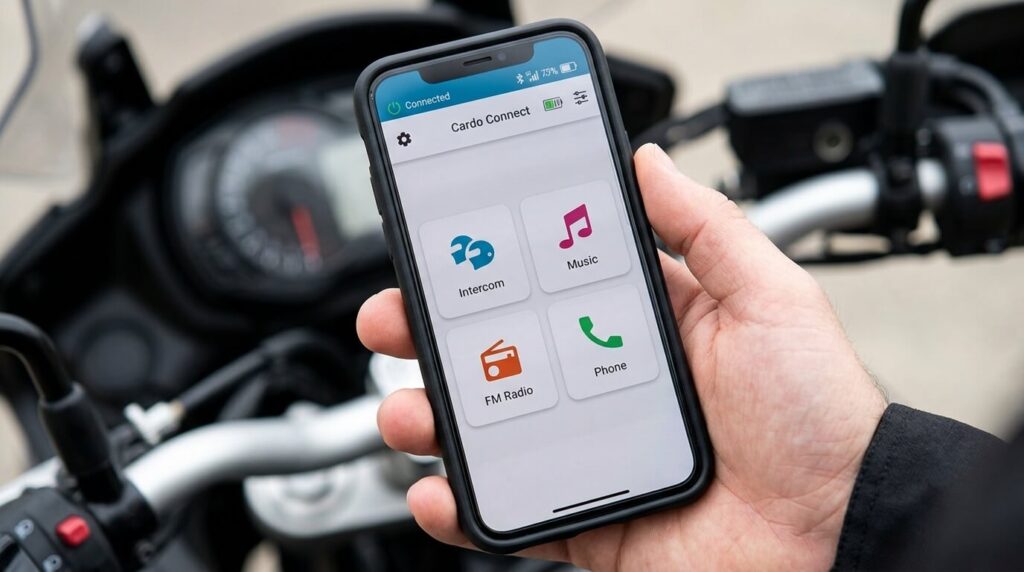 Écran de smartphone affichant l'interface de l'application Cardo Connect.