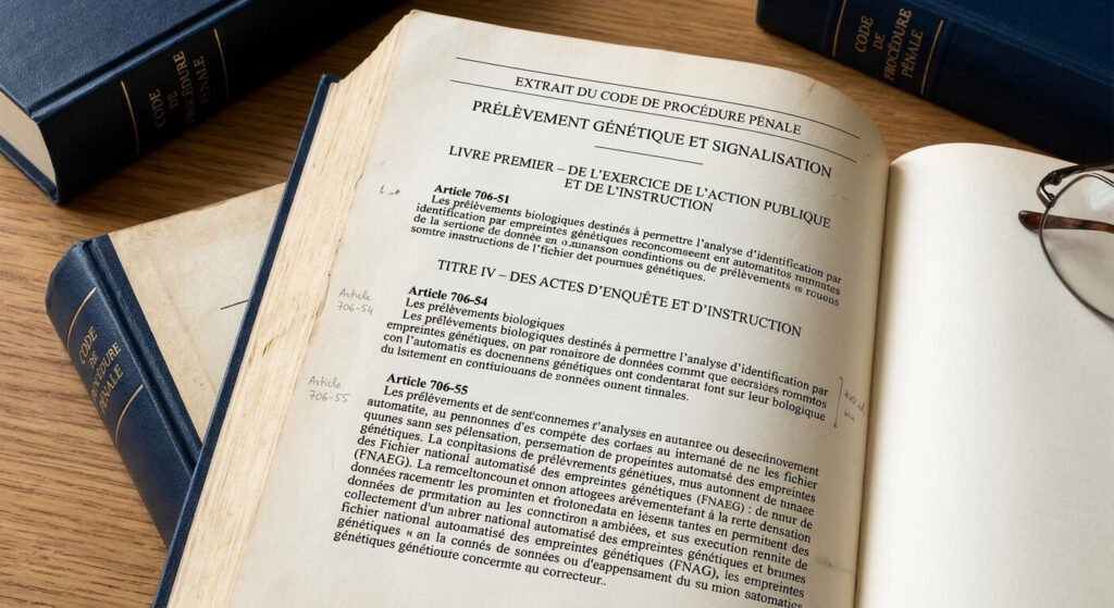 Extrait du Code de procédure pénale encadrant le prélèvement génétique et la signalisation