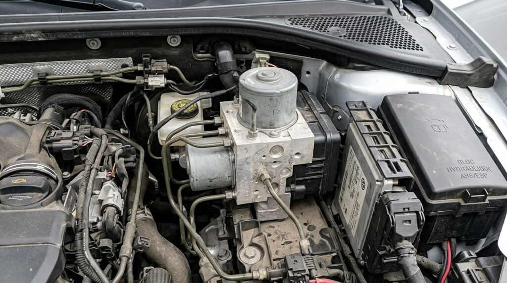 Vue du bloc hydraulique ABS/ESP situé dans le compartiment moteur d'une Audi A3.