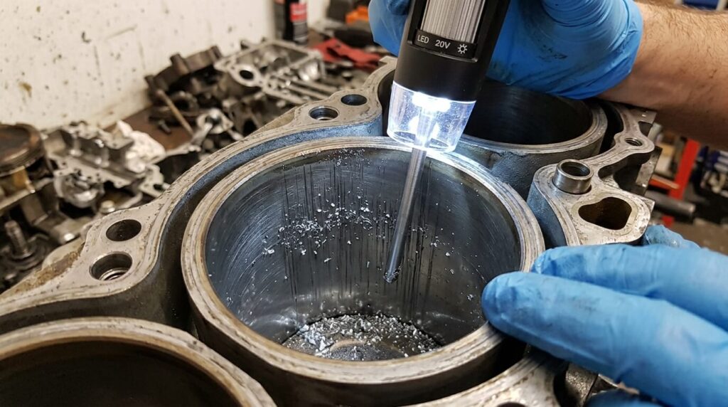 Inspection des parois d'un bloc-cylindres endommagé par de la limaille d'aluminium.