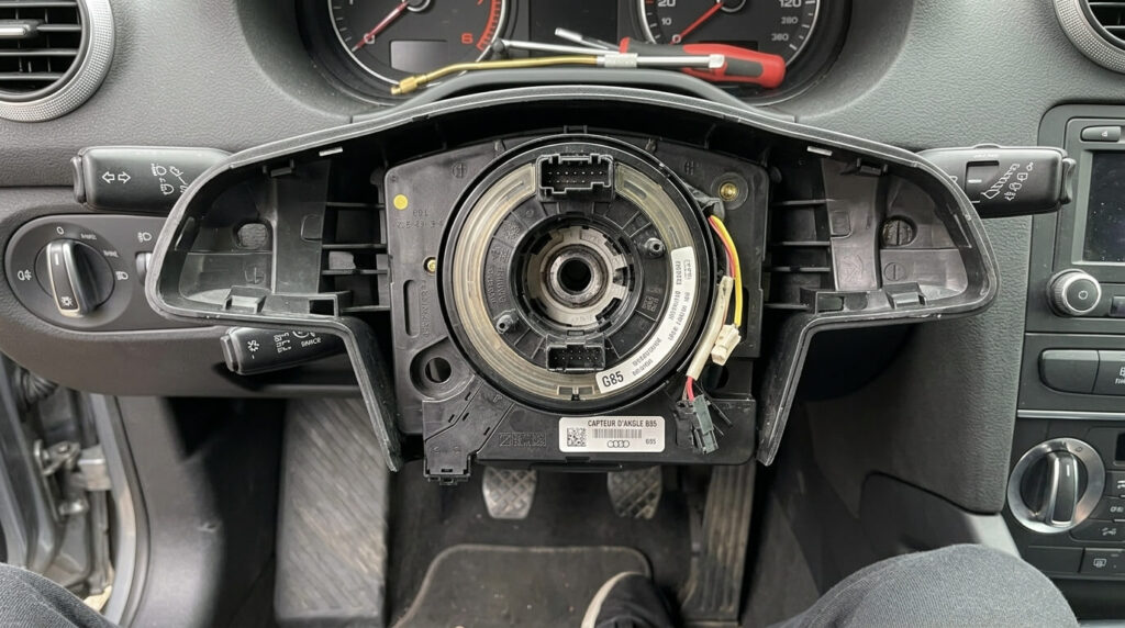 Capteur d'angle de braquage G85 situé derrière le volant d'une Audi.