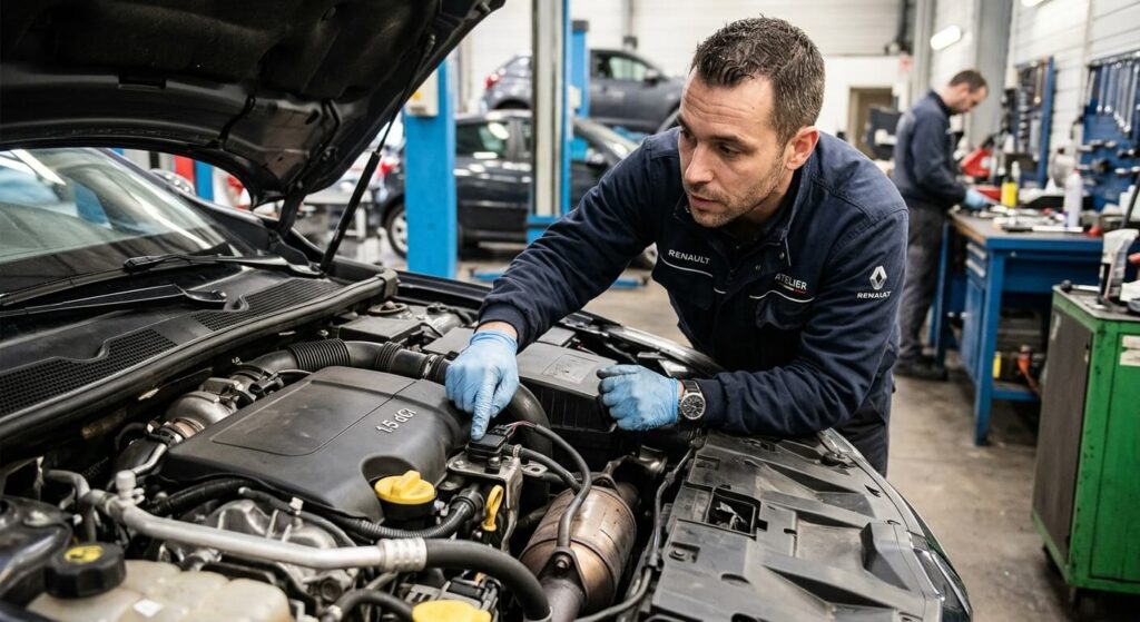 Mécanicien pointant le capteur de pression différentielle situé en amont du filtre à particules sur le moteur 1.5 dCi