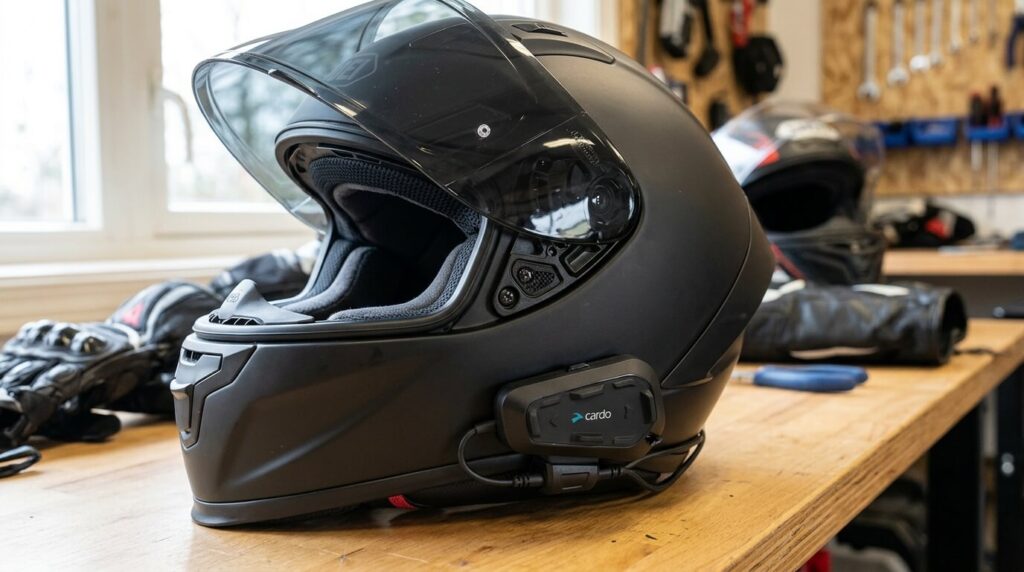 Intercom Cardo Spirit installé sur le côté d'un casque de moto intégral.