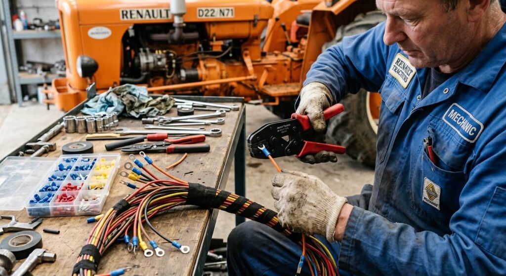 Sertissage de cosses isolées sur un nouveau faisceau de tracteur.