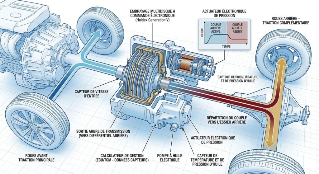 Vue technique du coupleur électronique gérant la répartition du couple vers l'essieu arrière.